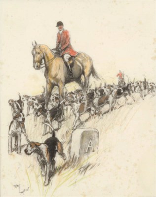 Lot 766 - Cecil Charles Windsor Aldin RBA (1870-1935) Huntsman on horseback with foxhounds nearby Signed,...