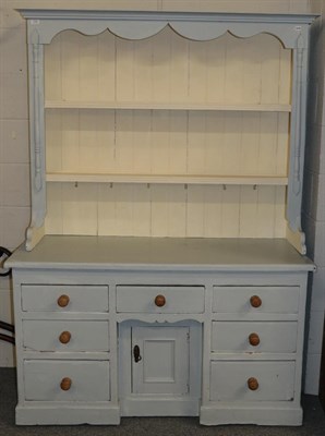 Lot 1120 - A Victorian pine blue painted dresser and rack, 134cm by 54cm by 186cm