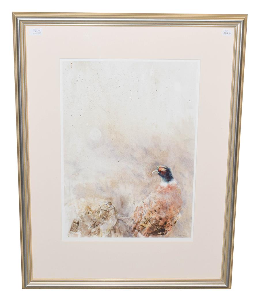 Lot 1140 - Richard Keeton (20th / 21st century) ''Cock and hen pheasant in misty landscape'', signed...