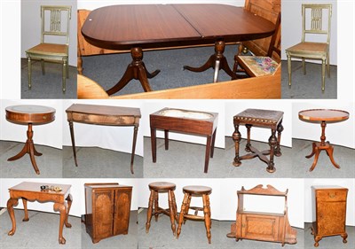 Lot 1189 - A group of furniture comprising a Georgian oak baby bath, a pair of painted cane seated chairs,...