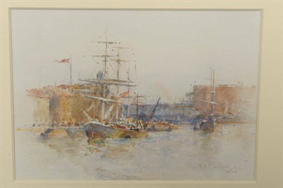 Lot 777 - Frederick Stuart Richardson RSW, ROI, RI (1855-1944)  "A Busy Port" Signed, inscribed on an...