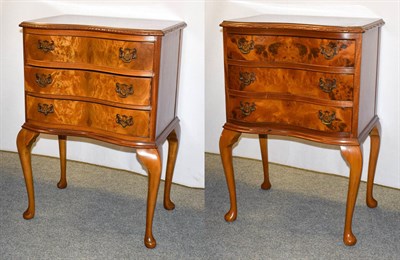 Lot 1203 - A pair of reproduction burr walnut bedside chests of drawers, 51cm by 37cm by 78cm (2)