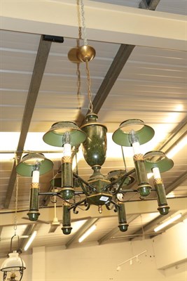 Lot 1217 - A modern green toleware six light chandelier, drop 55cms