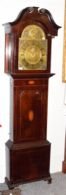 Lot 1246 - A mahogany inlaid quarter chiming longcase clock, 14'' arched brass dial bearing a later...