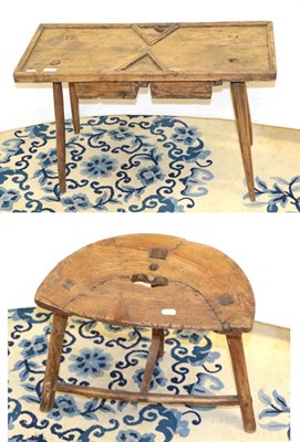 Lot 1260 - A 19th century rustic pine cobblers table, together with a dish topped stool of similar date (2)