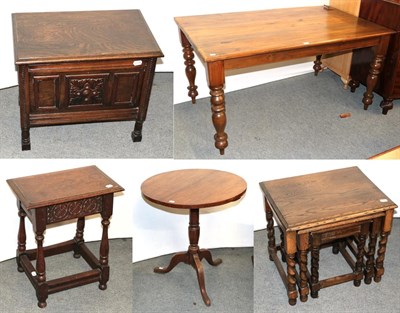 Lot 1265 - Five pieces of oak furniture comprising, a farmhouse kitchen table, 150cm by 90cm by 75cm, a...