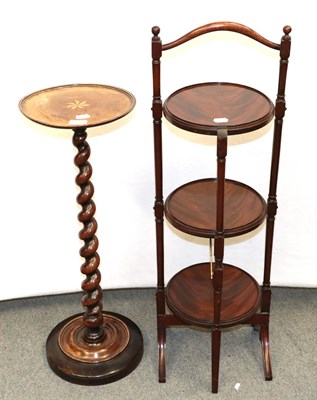 Lot 1279 - A Victorian mahogany three-tier cake stand, 93cm high, together with a walnut inlaid torchere...