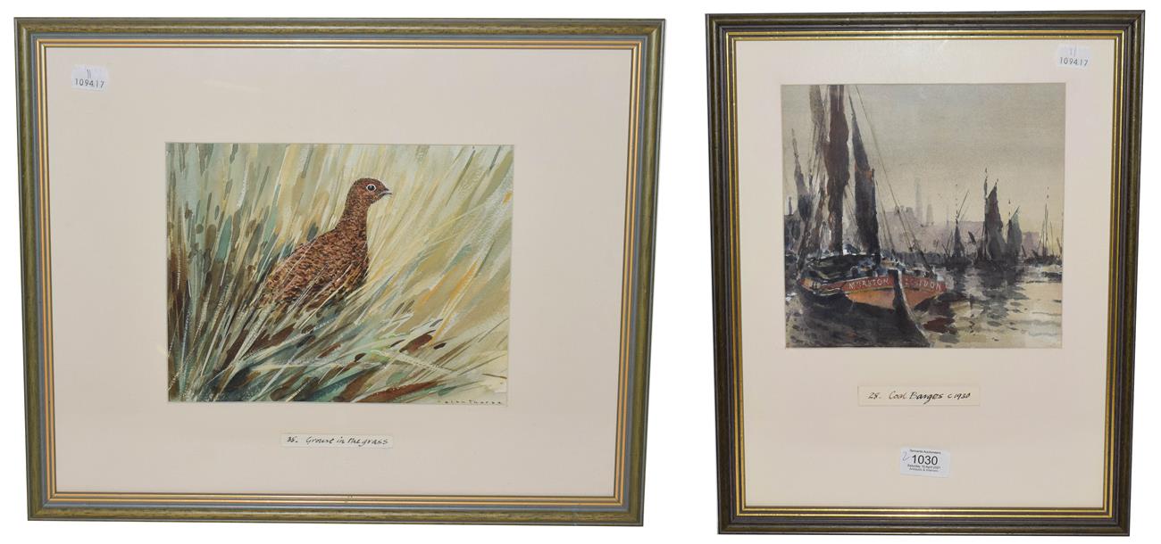 Lot 1030 - Alan Thorpe (20th century), Grouse In the Grass and Coal Barges C.1930, two watercolours, one...