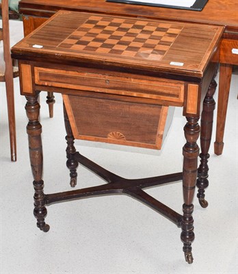Lot 1140 - A Victorian games/ sewing table with swivel top revealing blue baize card table with a single...