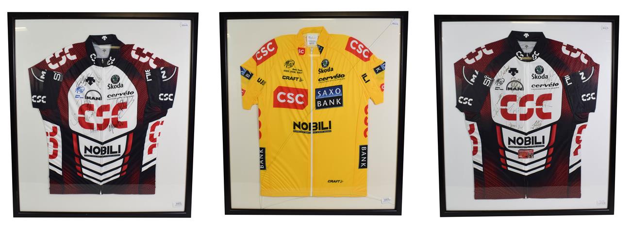 Lot 3002 - Tour De France 2007 Signed Shirts two Skoda Nobili CSC shirts bearing various signatures...