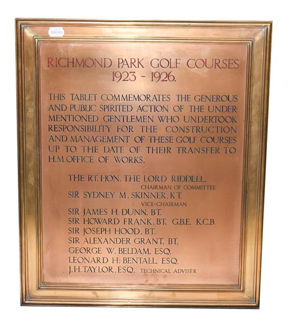 Lot 3003 - Richmond Park Golf Club Brass Plaque 1923-26 'This tablet commemorates the generous and public...