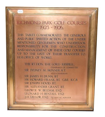 Lot 3003 - Richmond Park Golf Club Brass Plaque 1923-26 'This tablet commemorates the generous and public...