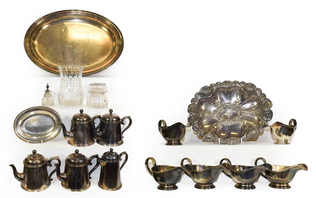 Lot 3017 - Atlantic Transport Line Metalware Group four teapots, coffee pot, six gravy boats, large and...