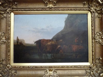 Lot 791 - Follower of Aelbert Cuyp (18th century) Dutch Cattle and figures beside a pond Oil on canvas,...