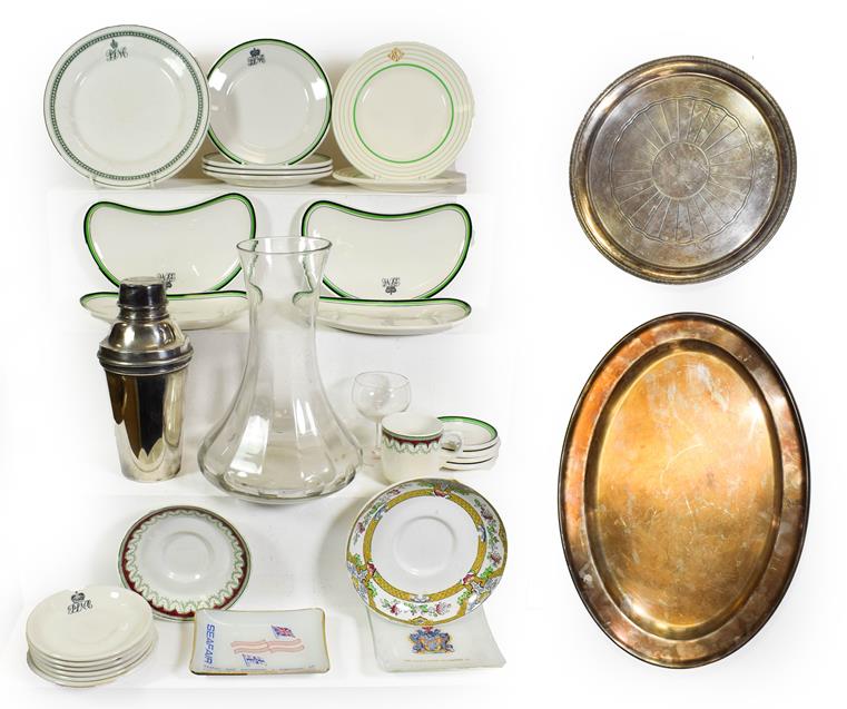 Lot 3046 - Pacific Steam Navigation Company Group Metalware: large oval platter, circular platter and cocktail