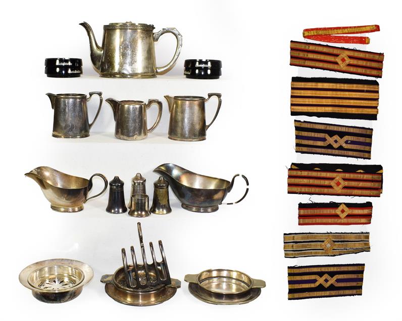 Lot 3049 - Shaw Savill Line Metalware Group teapot, three dishes, two gravy boats, toast rack, three milk...