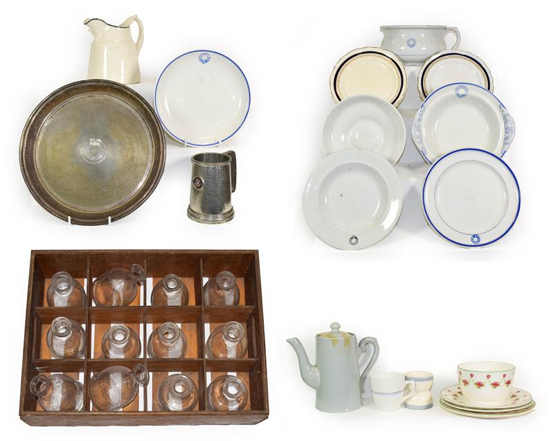 Lot 3083 - Union Castle Line Group twelve glass carafes (with various logos); Ceramics: chamber pot, two...