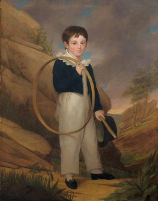 Lot 799 - English School (early 19th century) Portrait of a boy, standing in a landscape, holding a hoop...