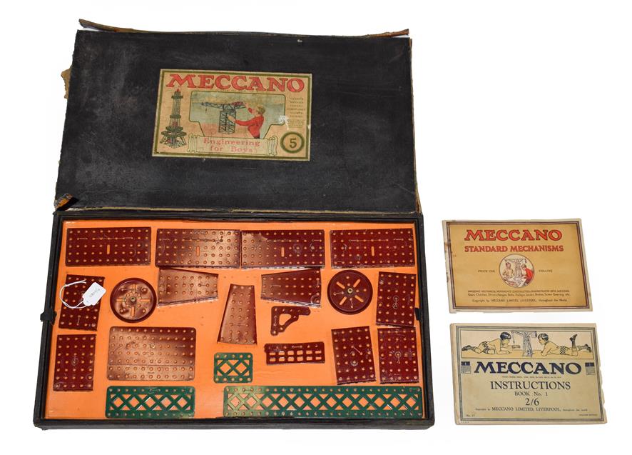 Lot 3200 - Meccano Engineering For Boys Outfit No.5 red/green parts strung onto original card inserts,...