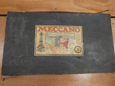 Lot 3200 - Meccano Engineering For Boys Outfit No.5 red/green parts strung onto original card inserts,...