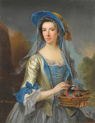 Lot 811 - George Knapton (1698-1778) Portrait of Mrs Knight, standing, three quarter length, holding a basket