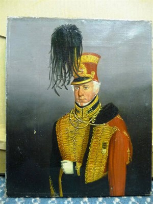 Lot 817 - English School (19th century) Portrait of a Dragoon Officer, standing, three quarter length Oil...