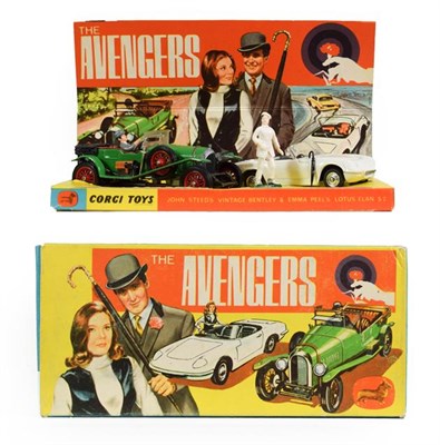 Lot 3311 - Corgi Gift Set 40 The Avengers consisting of Steel Bentley green with figure, Emma Peel Lotus (both