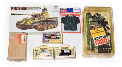 Lot 3341 - Mixed Lot including Action Man with moulded hair and various equipment; Tamiya Panther kit,...