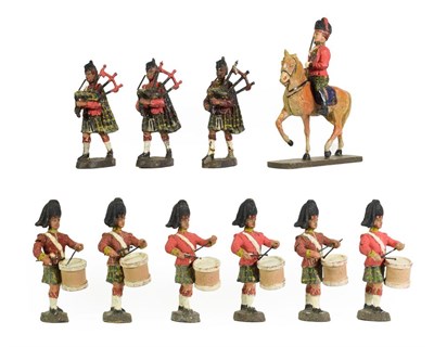 Lot 3354 - Elastolin Highlanders Composition Figures officer on horseback, three pipers and six drummers...