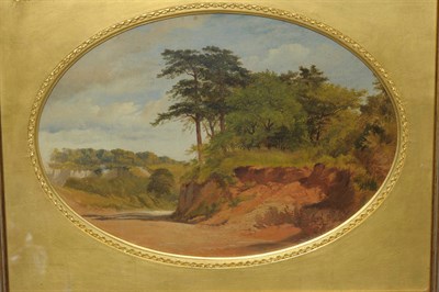 Lot 825 - Circle of James Thomas Linnell (19th century) Country lane with pine trees on a sandy bank Oil...