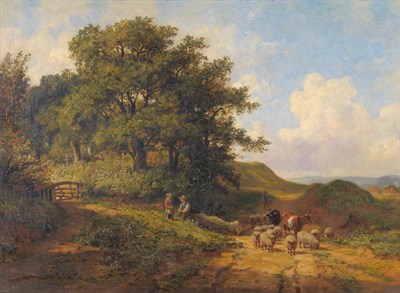 Lot 826 - Attributed to George Cole (1810-1883) Landscape with a drover, sheep and cattle Inscribed on...