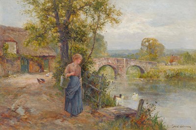 Lot 832 - Ernest Walbourn (fl.1897-1904) River landscape in summer, with a girl, ducks and chickens...