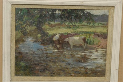 Lot 834 - William Hanna Clarke (1882-1924) Cattle in a stream, a meadow beyond Signed and indistinctly dated