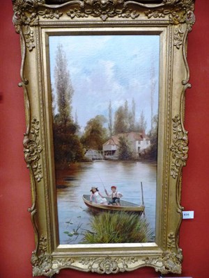 Lot 835 - James Walter Gozzard (1888-1950) River landscape with children fishing from a boat Signed, oil...