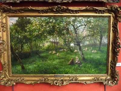 Lot 836 - James George Bingley (1840-1920) Children and lambs in an orchard Signed with the artist's...