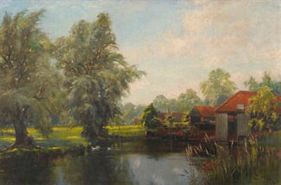 Lot 845 - Robert Scott Temple (fl.1874-1900) River landscape with ducks beside boat houses Signed, oil on...