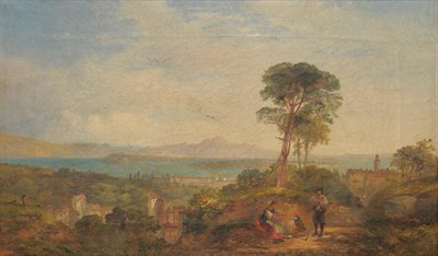 Lot 853 - J.V. de Fleury (fl.1847-1868) Italian coastal scene with figures on a path in the foreground...