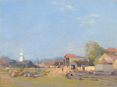 Lot 854 - William Grant Murray ARCA (Lond) (1877-1950)  Boatyard with figures, a windmill in the distance...