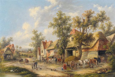 Lot 855 - Edward Masters (fl.1869-1875) Village scene with horses and carts Oil on canvas, 52.5cm by 78.5cm