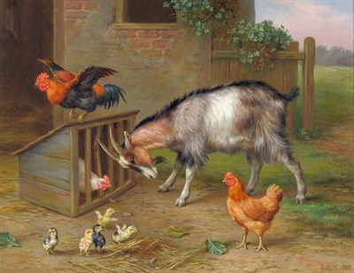 Lot 857 - Edgar Hunt (1876-1953) Farmyard scene with goat, chickens and chicks Signed and dated 1935, oil...