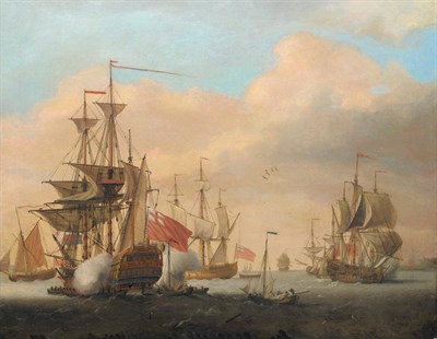 Lot 859 - Style of Peter Monamy (1670-1749) Seascape with shipping in a naval battle Oil on canvas, 89cm...