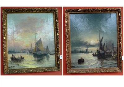 Lot 865 - Attributed to Hubert Thornley (fl.1859-1898) River scene at sunset; Moonlit river scene with...