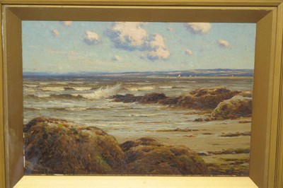 Lot 868 - Reginald Aspinwall ARCamA (1858-1921) Beach scene, with shrimp boats in the distance Signed and...