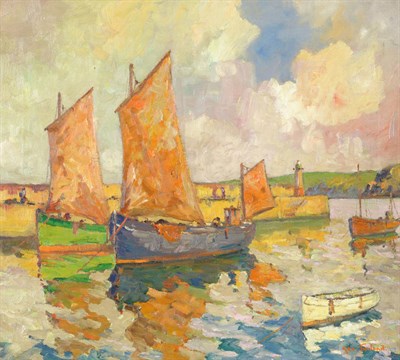 Lot 869 - G. Turland Goosey (fl.1919-1930's) "Fishing Boats in the Harbour, St Ives" Signed, extensively...