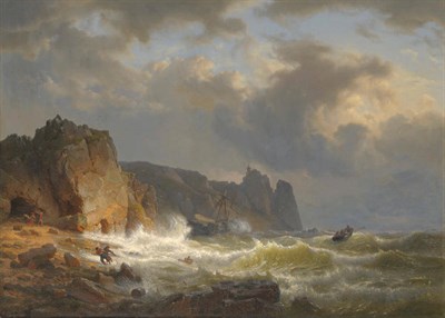 Lot 872 - H. Meulus (19th century) Coastal scene with figures rescuing survivors from a wreck Signed and...