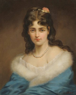 Lot 882 - L...Dore (19th century) Portrait of a girl, half length, wearing a blue dress with fur...