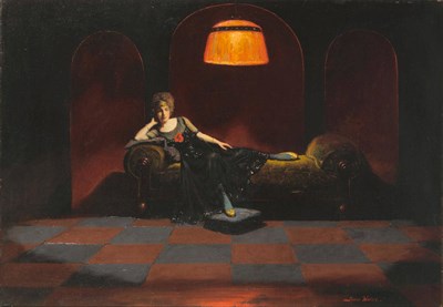 Lot 886 - Karl Weise (1839-1914) Interior scene with a girl dressed in period costume, on a chaise longue...