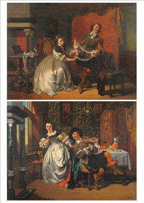 Lot 887 - Casimir van den Daele (1818-1880) Gentleman winding wool with a lady in an ornate interior; Musical