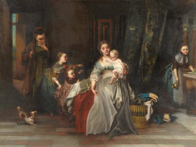 Lot 888 - Casimir van den Daele (1818-1880) "The Centre of Attention", interior scene with a lady holding...