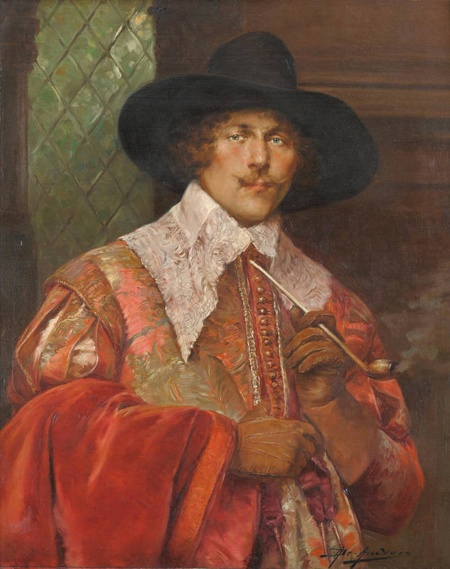 Lot 892 - Alex de Andries (19th/20th century) Belgian Portrait of a cavalier, half length, wearing a red...